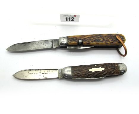 E.C Simmons, St. Louis U.S.A, one blade, tin opener, stag scales, lanyard ring, 10cm; Richardz and Sons Germany, two blades, 