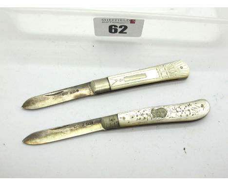 Fruit Knife- with silver blade, mother of pearl scales, nickel silver bolster, brass linings, 6.5cm and another with silver b
