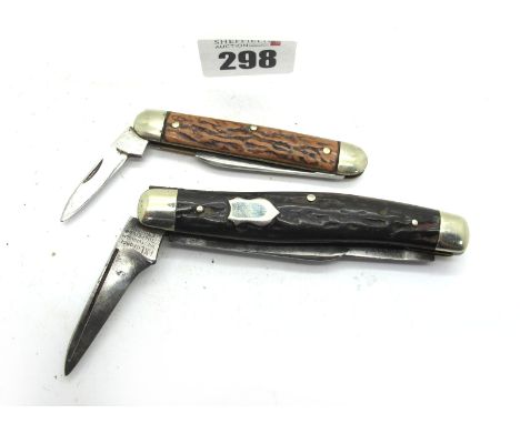 I. XL George Wostenholm, three blades, stag scales, brass linings, n/s bolsters, 9.5cm closed; I. XL George Wostenholme, two 