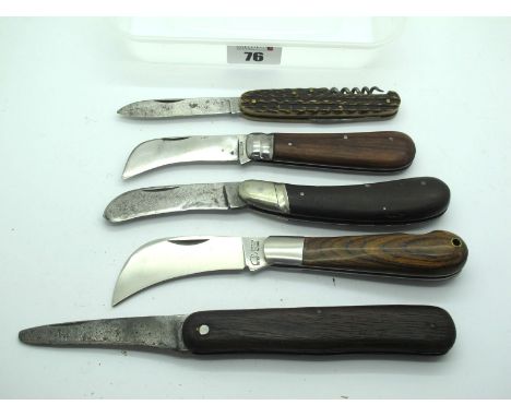 Five Unnamed Pocket Knives, four in wood scales, one with stag scales, various sizes, 13cm - 9cm.