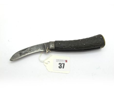 Pruner; Hunter &amp; Son Sheffield Flat Bottom Knife, stag scales, blade worn, snaps shut on opening and closing, 11cm