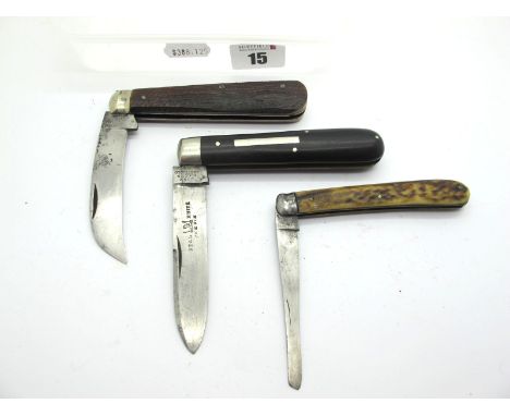 Lockwood Sheffield, one blade, stag scales, metal bolster, brass linings, 9.5cm; unreadable, Sheffield Knife, one blade, stag
