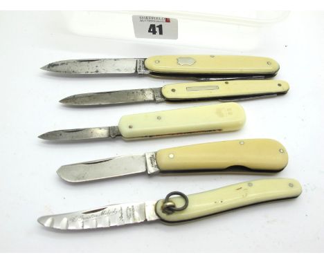 German Two Blade, faux scales, brasslings, 8.5cm; Falmer Colchester, single blade, 7cm; Bonsa, two blade, faux scales, 9cm; I