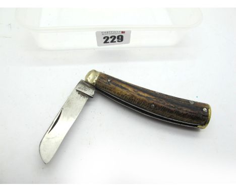 Saynor Ltd Sheffield Brass Flat Bottom Knife, stag scales, brass bolster, snaps on opening and shutting, (no wobble), 10cm.