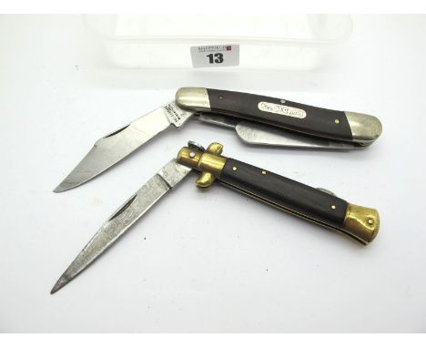 I.X.L. Wostenholme, a three blade knife, nickel silver bolsters, brass linings, wood scales, 12cm closed; a Lock Knife, brass