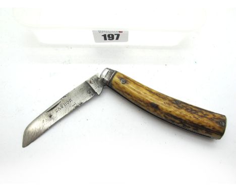 Saynor Flat Bottom Pruner, stag scales, single blade, single steel bolster, 11cm.
