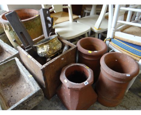 ASSORTED DECORATIVE ITEMS including three terracotta chimney pots, brass planter, vintage wood working tools ETC