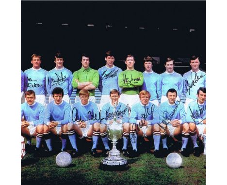 Autographed MANCHESTER CITY 16 x 12 photo - Col, depicting Manchester City players posing with the Charity Shield, the First 