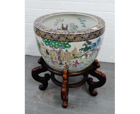 Chinese fish bowl planter painted with carp to the interior and figures in a mountain landscape to the exterior on a shaped c