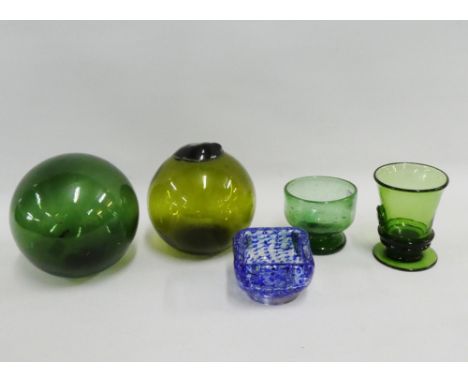 Coloured glass to include two green floats, a bowl and glass together with a blue glass trinket dish, (5) 