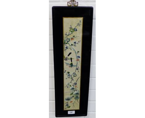 Embroidered silk panel, depicting birds, blossom and foliage, in an ebonised frame, overall size 58 x 18cm