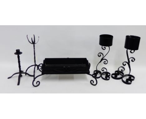 Collection of black painted iron ware to include a planter, candlesticks, etc., (5) 