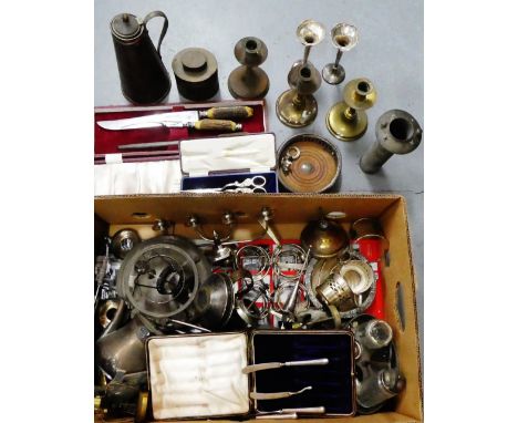 Carton containing a collection of Epns and mixed metal wares to include candlesticks, vases, flatwares, tea caddy, coasters e