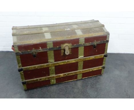 Dome top leather and wooden bound trunk, 56 x 92cm