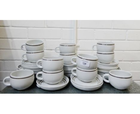 Quantity of Denby white glazed and brown striped teacups, saucers and side plates, (a large lot) 