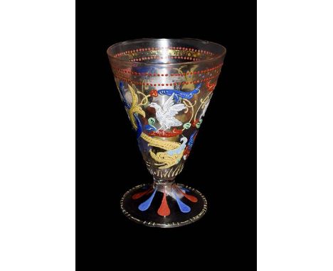 A Renaissance style Venetian glass goblet, Venice and Murano Glass and Mosaic Co, circa 1903, the conical bowl enamelled with