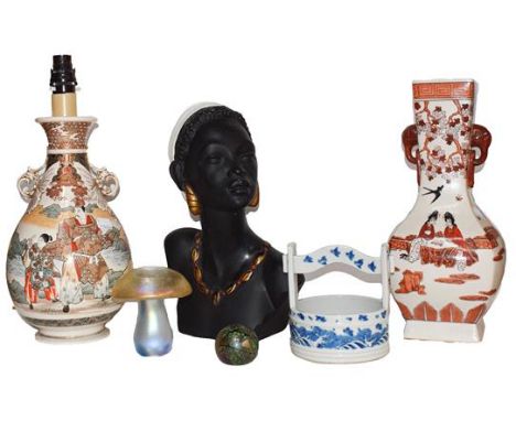 A Japanese blue and white handled dish, a Japanese table lamp base, another lamp base, S Melan plaster bust, an Okra glass pa