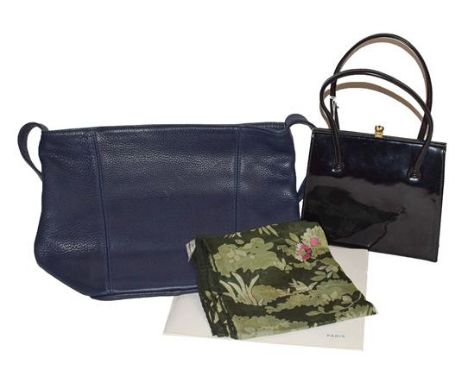 An Eros black patent evening bag with gilt metal fittings, a silk scarf by Francoise Guerin in original card packaging, and a