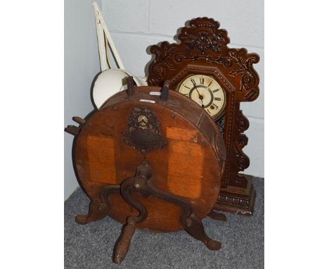 An oak cased Kent knife sharpener, a Horstmann anglepoise lamp, and an American gingerbread clock (3)