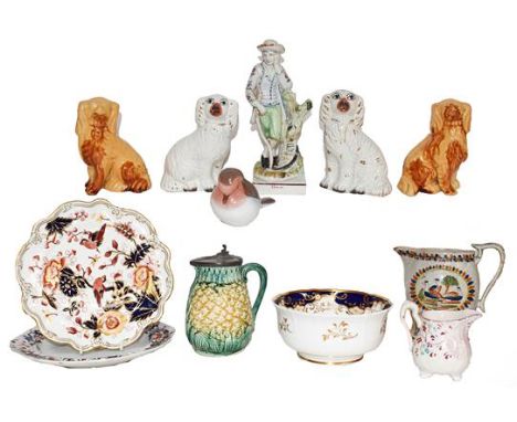 A quantity of ceramics, comprising: mainly English 19th century, including a Prattware jug, Majolica pineapple jug with pewte