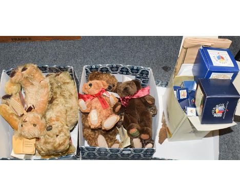 Assorted teddy bears including Deans rag book, Merrythought 2000 bear, Hermann teddy bear, Steiff 1920 replica bear, Harrods 