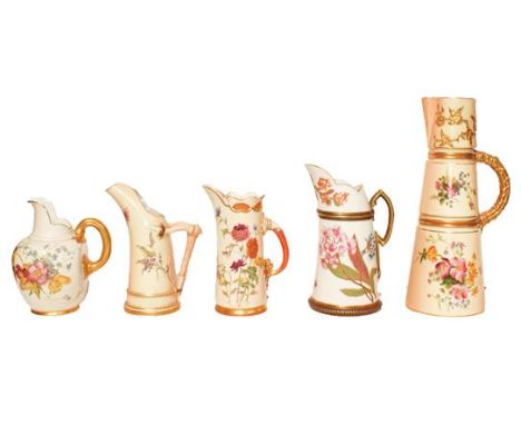 Five Royal Worcester blush ware ewers painted with flowers, printed green and puce marks (one tray)