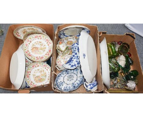 Five boxes of assorted ceramics, glass, metalwares and prints, including Victorian transfer printed part dinner services, col