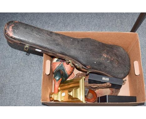 A cased violin and bow, an iron boot scrape, a Victorian brass desk stand, an Art Deco Bakelite desk barometer, a leather mou