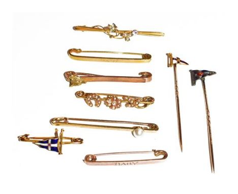 A split pearl bar brooch, stamped '14CT', a bar brooch initialed 'P.W.', stamped '18CT', two bar brooches stamped '9CT', thre