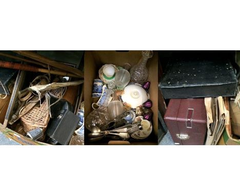 Three boxes of assorted including ceramics, glass, silver plate, three Arabian sheathed daggers, fishing creel, coaching horn