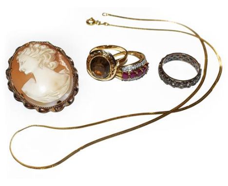 A herrigbone link necklace, stamped '585', length 40.5cm, a 9 carat gold synthetic ruby and diamond ring, finger size K, two 