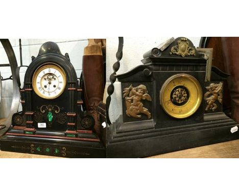 A Victorian slate malachite and red marble mantle clock and another Victorian slate mantle clock (2)