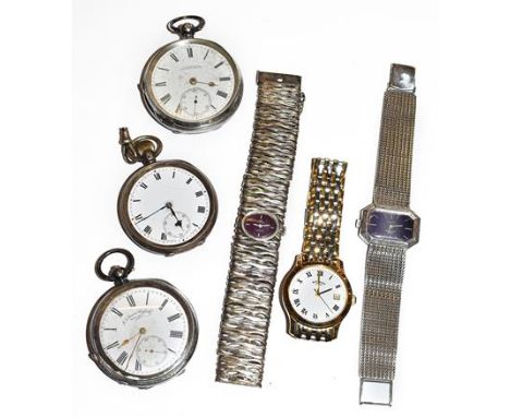 Two silver pocket watches, another pocket watch with case stamped 0.935, a bi-metal Rotary wristwatch and two 1970s silver Te