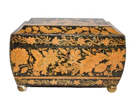 A Regency penwork tea caddy, decorated to the cover with a chinoiserie landscape incorporating three figures, with bands of s