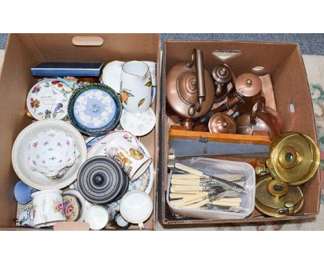 Two boxes of ceramics and metal wares, including: brass chamber sticks, plated fish knives and forks, Wedgwood Jasperware, Ro