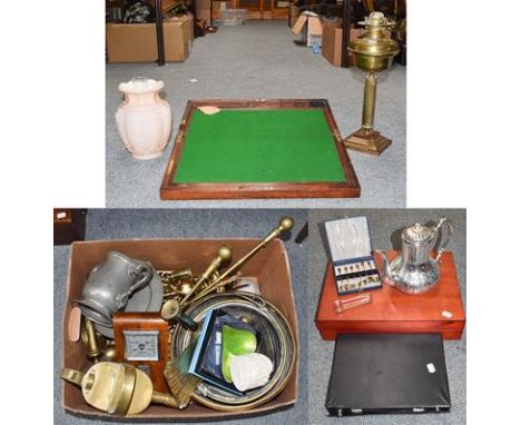 A quantity of assorted metalwares, including: brass fire tools, jam pan, candlesticks, pewter, oil lamp with glass shade, tog