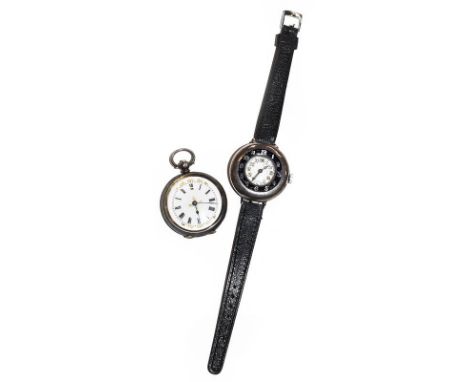 A silver and enamel half hunter cased wristwatch and a silver cased fob watch (2)