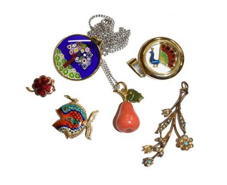 A coral and nephrite pendant, realistically modelled as a pear on a 9 carat white gold chain, two enamel pendants stamped '14