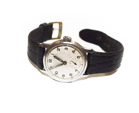A stainless steel ATP military wristwatch, 1940's, lever movement, silvered dial with Arabic numerals, seconds dial, case bac