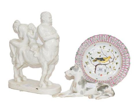 A German white glazed porcelain mythological ceramic figure group formed as a centaur, a fawn and a maiden, impressed mark fo