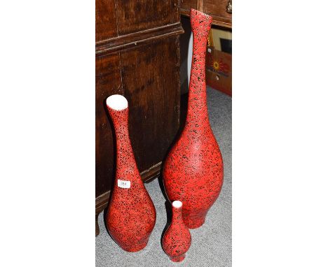 Two pairs of large modern table lamps of structural form, another pair of gilt metal table lamps, three modern ceramic vases,