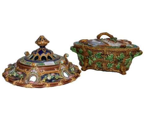 A Minton majolica game tureen and cover together with a similar large pierced cover