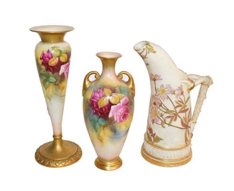 A Royal Worcester pedestal specimen vase by M. Hunt painted with roses, signed, puce mark, 17cm, together with a similar unsi