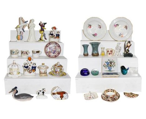 Two trays of assorted ceramics and glass to include, Royal Copenhagen Grebe model, three 19th century coffee cans including M