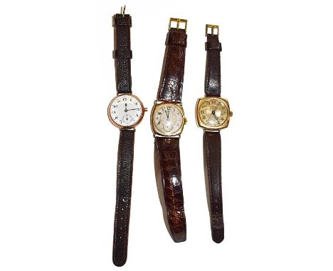 Two cushion shaped wristwatches with cases stamped '14K' and a 9 carat gold enamel dial wristwatch (3)