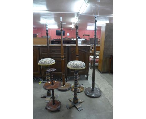 Four mahogany standard lamps, a mahogany bobbin turned smokers stand and a pair of stools 