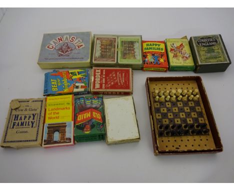 QUANTITY OF VINTAGE PLAYING CARDS, TRAVEL CHESS SET ETC INCLUDING JAQUES COUNTIES CARD GAME