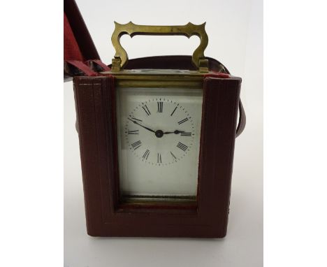BRASS MANTLE CLOCK IN RED LEATHER CASE