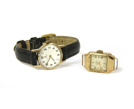 A ladies' 9ct gold Omega mechanical strap watch, 19mm diameter with a silvered dial, applied Arabic numerals and black pencil