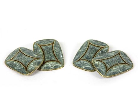 A pair of gold enamel cufflinks, each cushion shaped face with light blue enamel and milligrain decoration, with chain link c